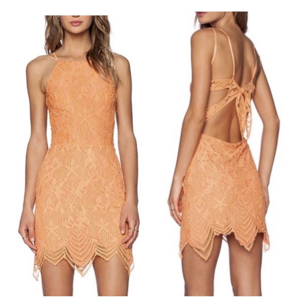 For Love & Lemons Guava Lace Open Back Mini Dress Orange Sz M